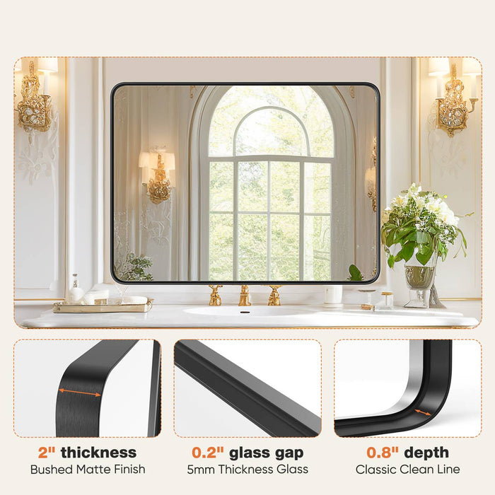 Bathroom Vanity Mirror - Wall Mounted, Aluminum Alloy Frame, Shatterproof Tempered Glass, Modern Farmhouse Style, Rectangular, Matte Black Finish