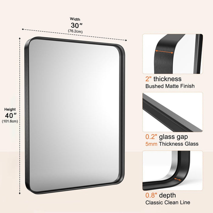 Bathroom Vanity Mirror - Wall Mounted, Aluminum Alloy Frame, Shatterproof Tempered Glass, Modern Farmhouse Style, Rectangular, Matte Black Finish