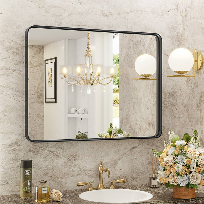 Bathroom Vanity Mirror - Wall Mounted, Aluminum Alloy Frame, Shatterproof Tempered Glass, Modern Farmhouse Style, Rectangular, Matte Black Finish