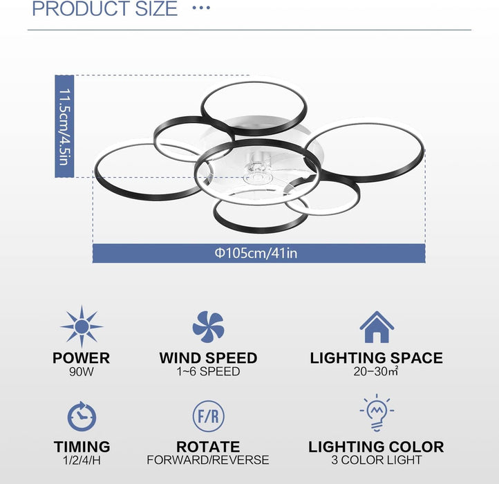 41 in. Flush Mount LED Ceiling Fan with Lights and Remote Control for Living Room-4-ErisView