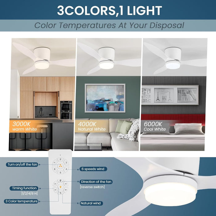 42 In Bedroom Ceiling Fans with Lights, Flush Mount Ceiling Fan, Reversible, White Ceiling Fan with Low Profile Light for Living Room Fan Bedroom, White-3-ErisView