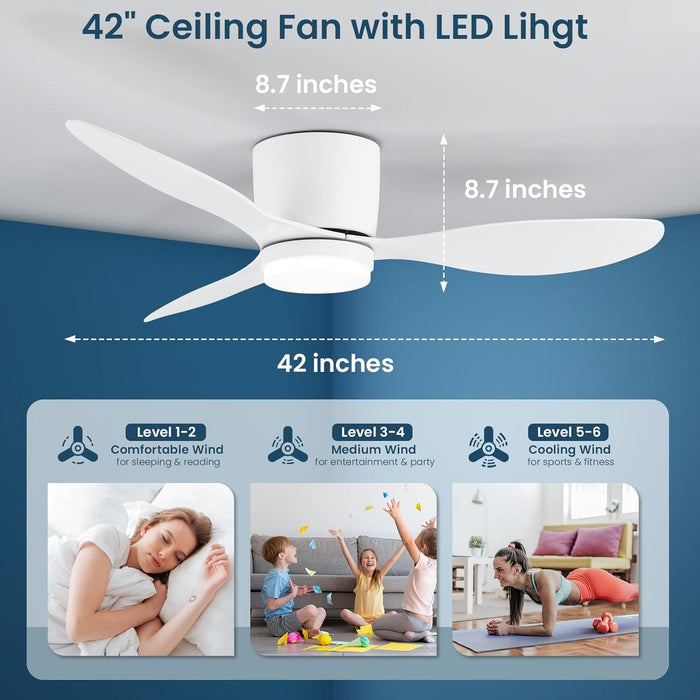 42 In Bedroom Ceiling Fans with Lights, Flush Mount Ceiling Fan, Reversible, White Ceiling Fan with Low Profile Light for Living Room Fan Bedroom, White-5-ErisView
