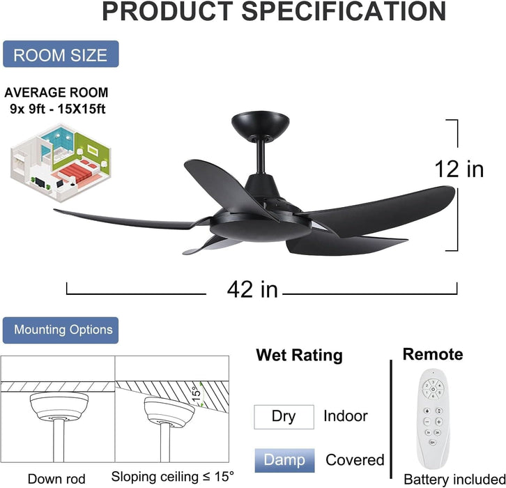 42 in. Black Ceiling Fan NO Light. Reversible Quiet Ceiling Fans with Remote Control, 5 Blade Modern Ceiling Fan, Covered Ceiling Fan -6-ErisView