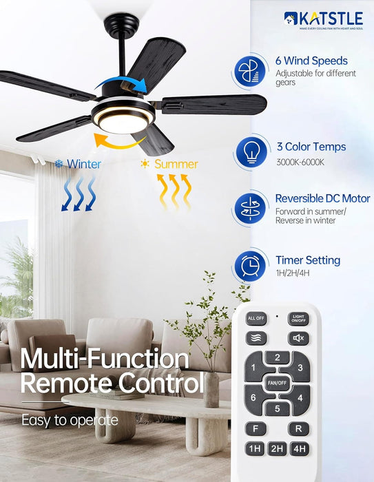 42 in. Black Ceiling Fan with Light Remote Control, 5 Blades Wood Modern Ceiling Fan for Bedroom Living Room, Office Ceiling Fan-5-ErisView