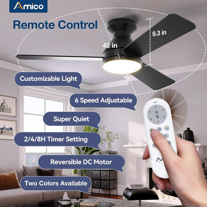 42 in. Black Indoor Outdoor Ceiling Fan with Light and Remote Control, Flush Mount Outdoor Ceiling Fan, Noiseless Ceiling Fan for Bedroom Living Room-2-ErisView