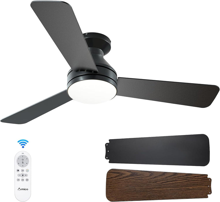 42 in. Black Indoor Outdoor Ceiling Fan with Light and Remote Control, Flush Mount Outdoor Ceiling Fan, Noiseless Ceiling Fan for Bedroom Living Room-1-ErisView