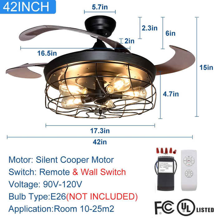 42 in. Black Industrial Ceiling Fans with Retractable Blades, Caged Vintage Ceiling Fans Light Fixture with Remote for Dining Room Living Room-4-ErisView