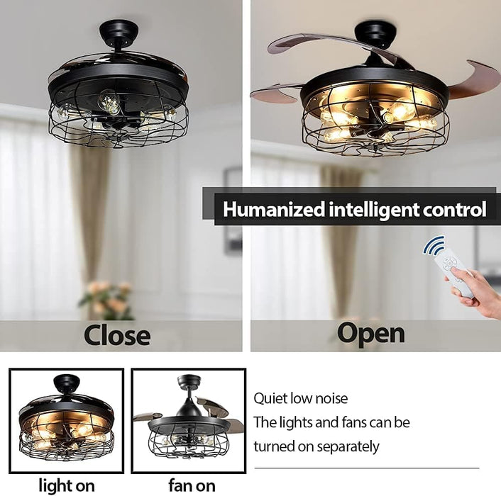 42 in. Black Industrial Ceiling Fans with Retractable Blades, Caged Vintage Ceiling Fans Light Fixture with Remote for Dining Room Living Room-5-ErisView
