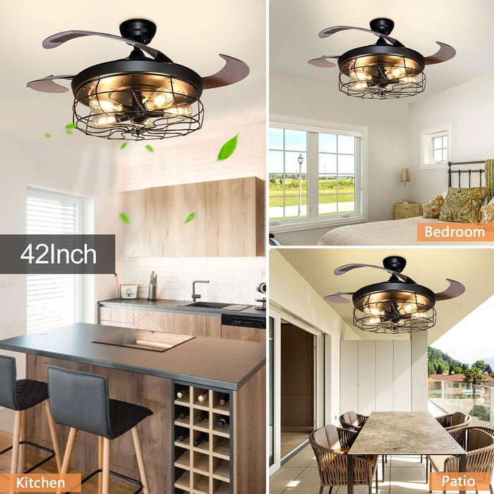 42 in. Black Industrial Ceiling Fans with Retractable Blades, Caged Vintage Ceiling Fans Light Fixture with Remote for Dining Room Living Room-7-ErisView
