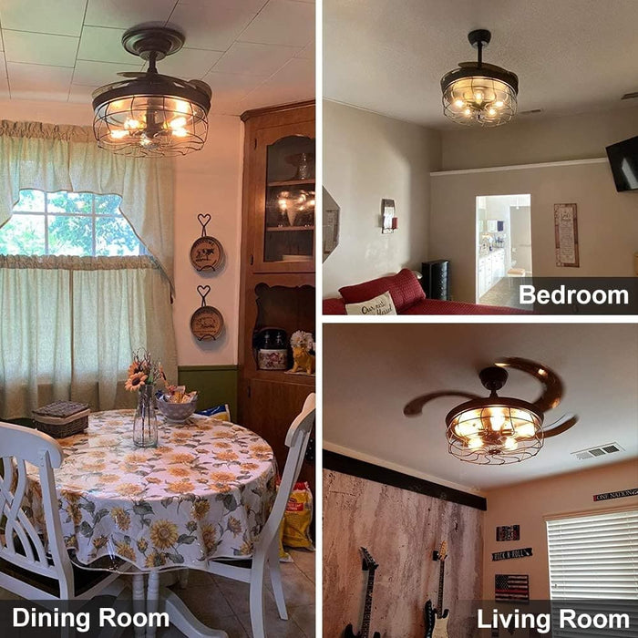 42 in. Black Industrial Ceiling Fans with Retractable Blades, Caged Vintage Ceiling Fans Light Fixture with Remote for Dining Room Living Room-9-ErisView