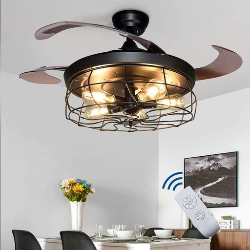 42 in. Black Industrial Ceiling Fans with Retractable Blades, Caged Vintage Ceiling Fans Light Fixture with Remote for Dining Room Living Room-1-ErisView