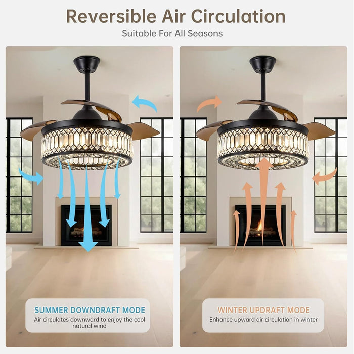 42 in. Black Lantern Crystal Ceiling Fan with Remote Control, Retractable Reversible Industrial Ceiling Fans for Living Room Bedroom Kitchen Dining Room-4-ErisView