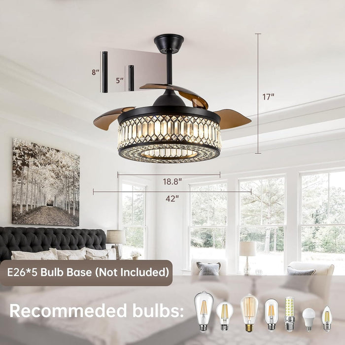 42 in. Black Lantern Crystal Ceiling Fan with Remote Control, Retractable Reversible Industrial Ceiling Fans for Living Room Bedroom Kitchen Dining Room-5-ErisView