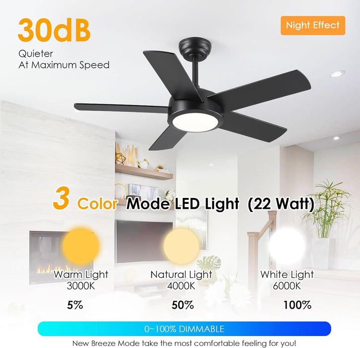 42 in. Black Low Profile Ceiling Fan with Light and Remote Control, Designer Fans for Indoor Outdoor Use-2-ErisView