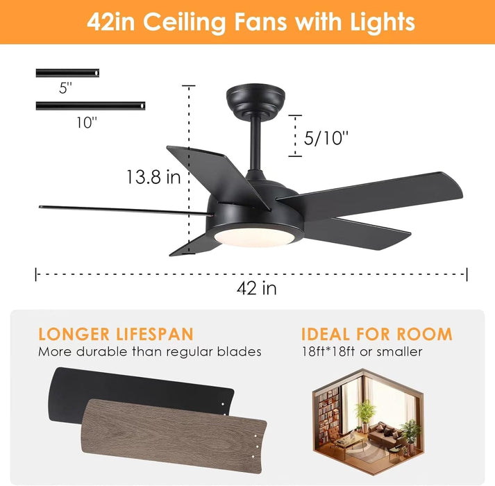 42 in. Black Low Profile Ceiling Fan with Light and Remote Control, Designer Fans for Indoor Outdoor Use-6-ErisView