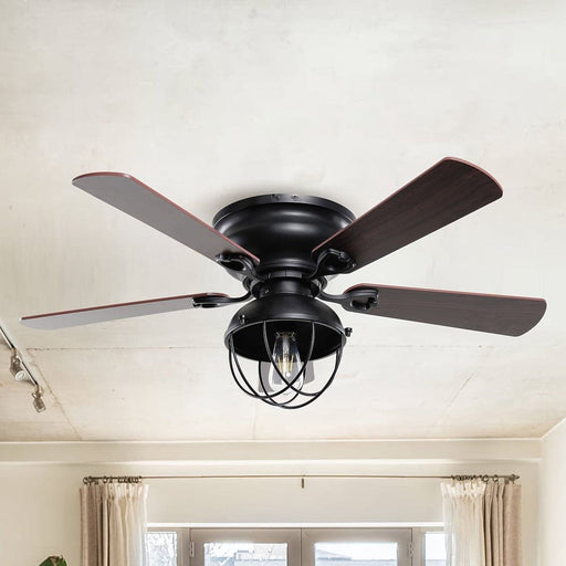 42 in. Black Modern 5-Blade Flush Mount Ceiling Fan with Light Kit and Remote, Low Profile Enclosed Ceiling Fan with Cage-ErisView