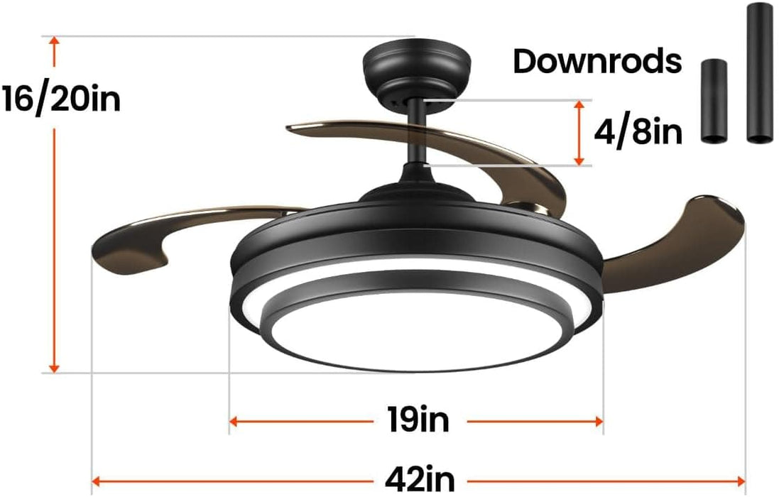 42 in. Black Modern Ceiling Fan with Lights and Remote, Retractable Fandelier Ceiling Fan, Smart LED Ceiling Fan with APP Control, Kitchen Ceiling Fans-5-ErisView