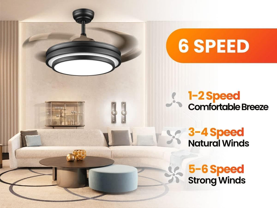 42 in. Black Modern Ceiling Fan with Lights and Remote, Retractable Fandelier Ceiling Fan, Smart LED Ceiling Fan with APP Control, Kitchen Ceiling Fans-6-ErisView