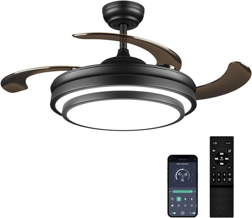 42 in. Black Modern Ceiling Fan with Lights and Remote, Retractable Fandelier Ceiling Fan, Smart LED Ceiling Fan with APP Control, Kitchen Ceiling Fans-1-ErisView