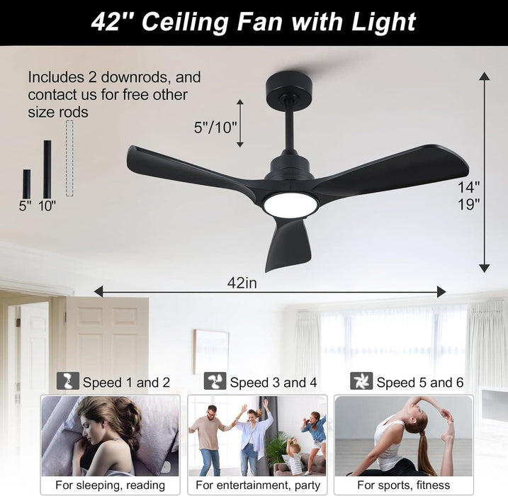 42 in. Black Remote Control Ceiling Fan and Light, Modern Reversible Quiet Ceiling Fan for Bedroom Living Room, Farmhouse Outdoor Fan for Gazebo-2-ErisView