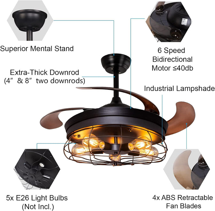 42 in. Black Retractable Blade Ceiling Fan with Lights and Remote, Rustic Industrial Farmhouse Ceiling Fan for Patio, Kitchen, Bedroom, Living Room-2-ErisView