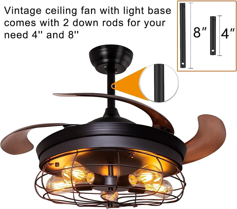 42 in. Black Retractable Blade Ceiling Fan with Lights and Remote, Rustic Industrial Farmhouse Ceiling Fan for Patio, Kitchen, Bedroom, Living Room-3-ErisView