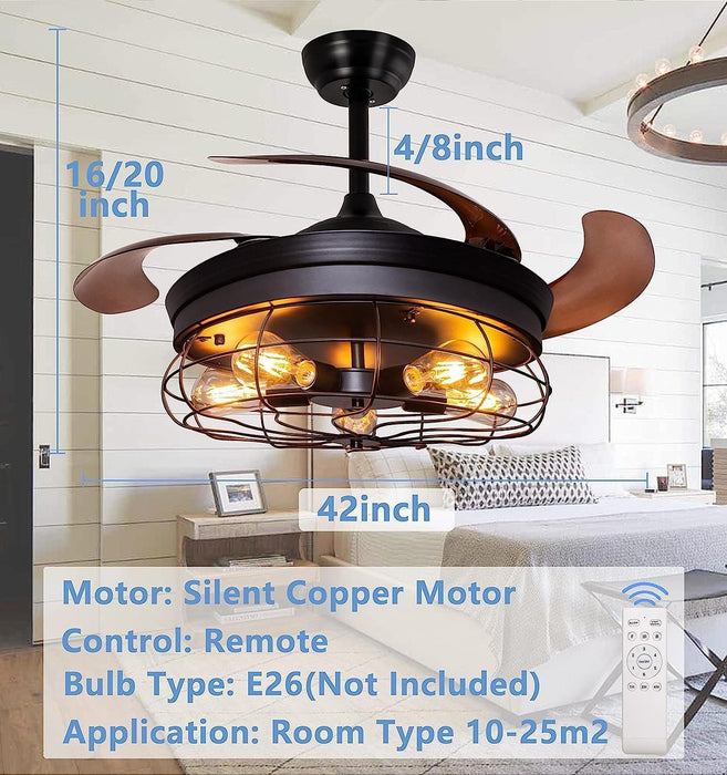 42 in. Black Retractable Blade Ceiling Fan with Lights and Remote, Rustic Industrial Farmhouse Ceiling Fan for Patio, Kitchen, Bedroom, Living Room-4-ErisView