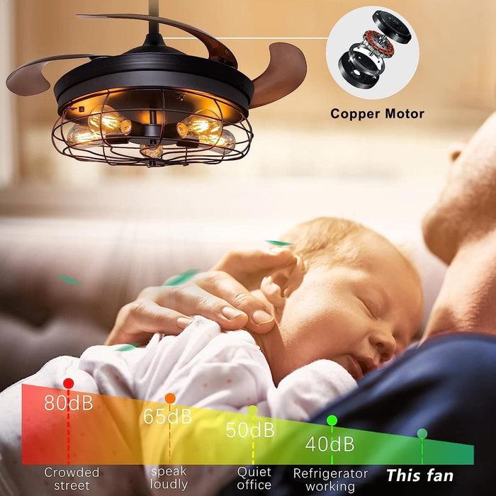 42 in. Black Retractable Blade Ceiling Fan with Lights and Remote, Rustic Industrial Farmhouse Ceiling Fan for Patio, Kitchen, Bedroom, Living Room-5-ErisView