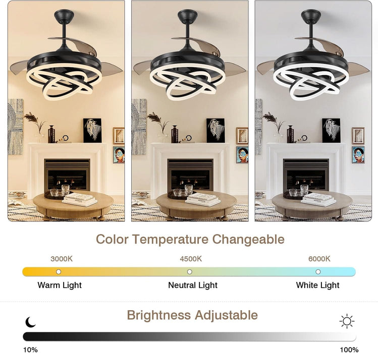 42 in. Black Retractable Ceiling Fan, Chandelier Ceiling Fan with Lights, Silent Reversible DC Ceiling Fan, Bedroom Ceiling Fan with Lights-2-ErisView