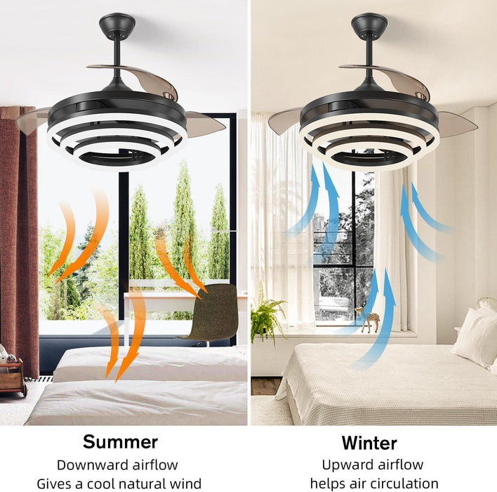 42 in. Black Retractable Ceiling Fan, Chandelier Ceiling Fan with Lights, Silent Reversible DC Ceiling Fan, Bedroom Ceiling Fan with Lights-3-ErisView