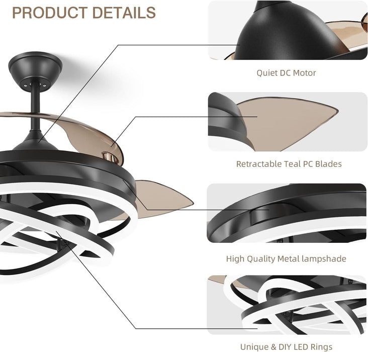 42 in. Black Retractable Ceiling Fan, Chandelier Ceiling Fan with Lights, Silent Reversible DC Ceiling Fan, Bedroom Ceiling Fan with Lights-4-ErisView