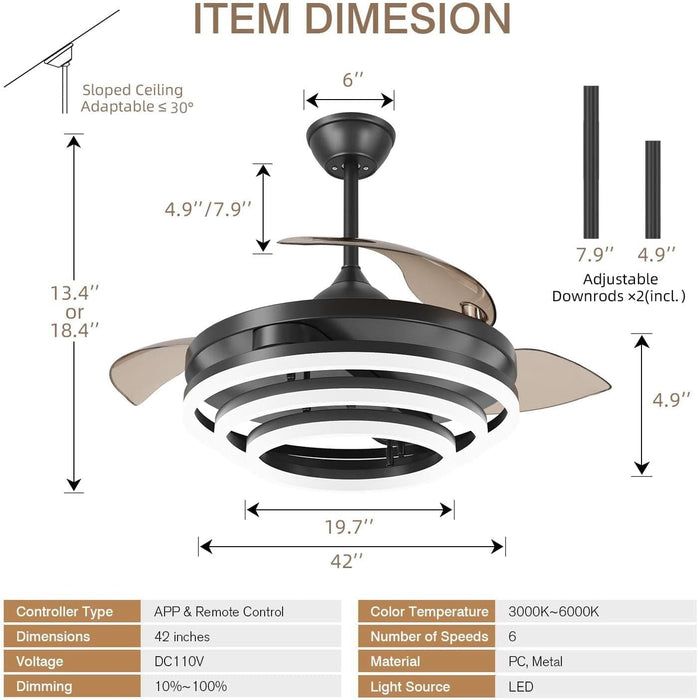 42 in. Black Retractable Ceiling Fan, Chandelier Ceiling Fan with Lights, Silent Reversible DC Ceiling Fan, Bedroom Ceiling Fan with Lights-5-ErisView