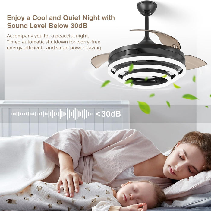 42 in. Black Retractable Ceiling Fan, Chandelier Ceiling Fan with Lights, Silent Reversible DC Ceiling Fan, Bedroom Ceiling Fan with Lights-6-ErisView