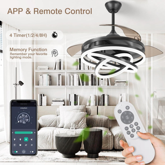 42 in. Black Retractable Ceiling Fan, Chandelier Ceiling Fan with Lights, Silent Reversible DC Ceiling Fan, Bedroom Ceiling Fan with Lights-8-ErisView