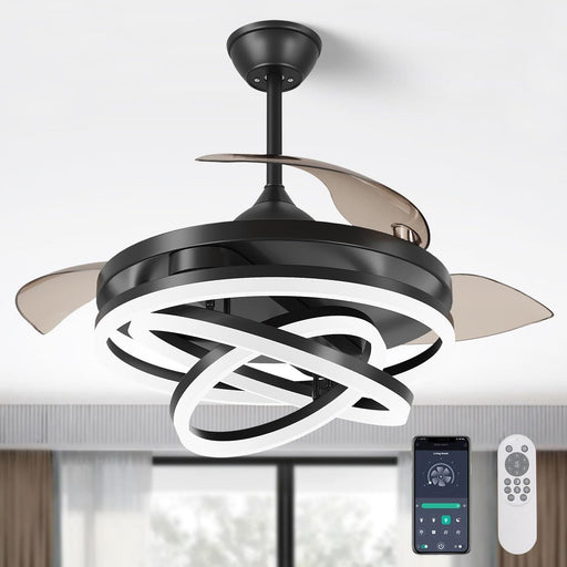 42 in. Black Retractable Ceiling Fan, Chandelier Ceiling Fan with Lights, Silent Reversible DC Ceiling Fan, Bedroom Ceiling Fan with Lights-1-ErisView