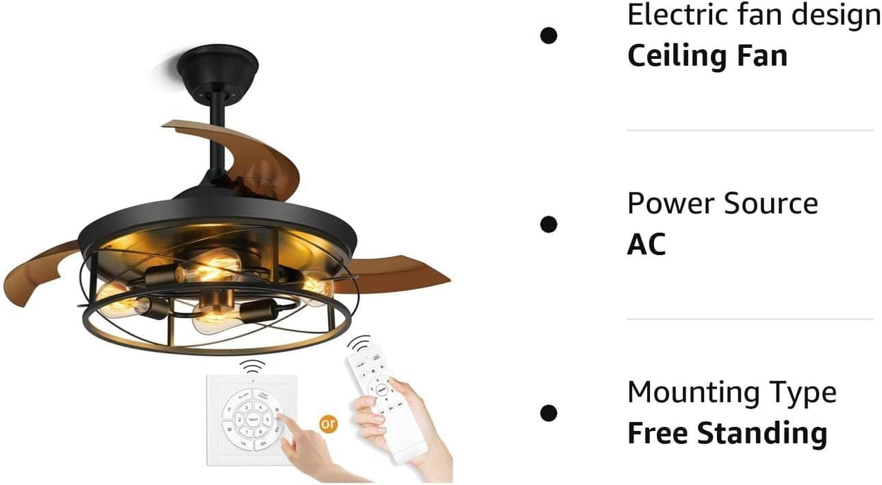42 in. Black Retractable Ceiling Fan with Lights Remote, Caged Industrial Farmhouse Rustic Ceiling Fans with Lights for Living Room Bedroom Patio Kitchen-10-ErisView