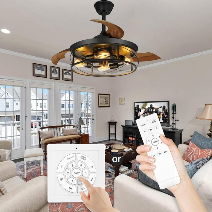 42 in. Black Retractable Ceiling Fan with Lights Remote, Caged Industrial Farmhouse Rustic Ceiling Fans with Lights for Living Room Bedroom Patio Kitchen-2-ErisView
