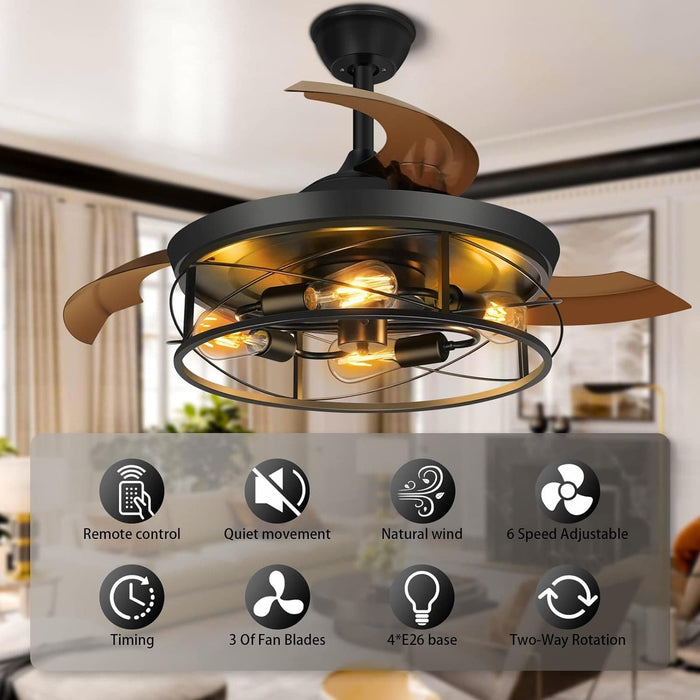 42 in. Black Retractable Ceiling Fan with Lights Remote, Caged Industrial Farmhouse Rustic Ceiling Fans with Lights for Living Room Bedroom Patio Kitchen-6-ErisView