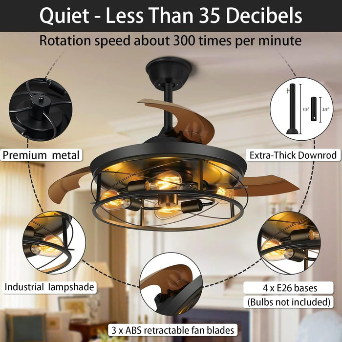 42 in. Black Retractable Ceiling Fan with Lights Remote, Caged Industrial Farmhouse Rustic Ceiling Fans with Lights for Living Room Bedroom Patio Kitchen-7-ErisView