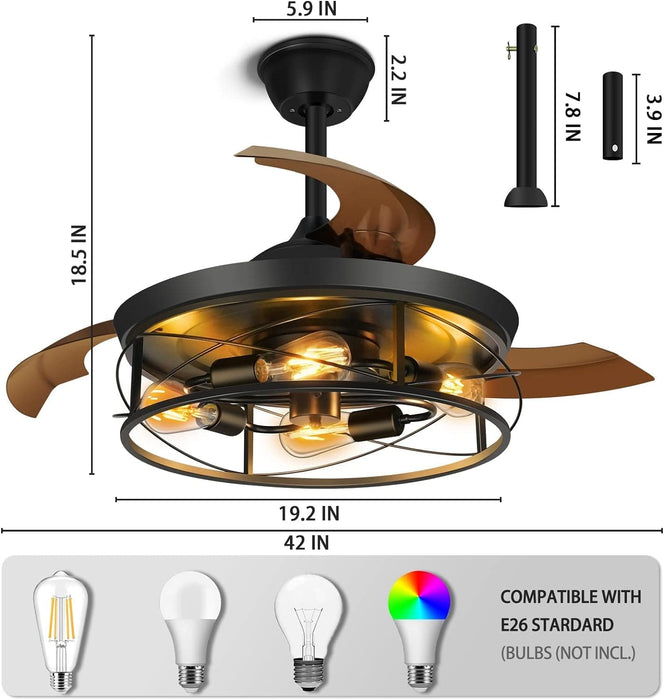 42 in. Black Retractable Ceiling Fan with Lights Remote, Caged Industrial Farmhouse Rustic Ceiling Fans with Lights for Living Room Bedroom Patio Kitchen-8-ErisView