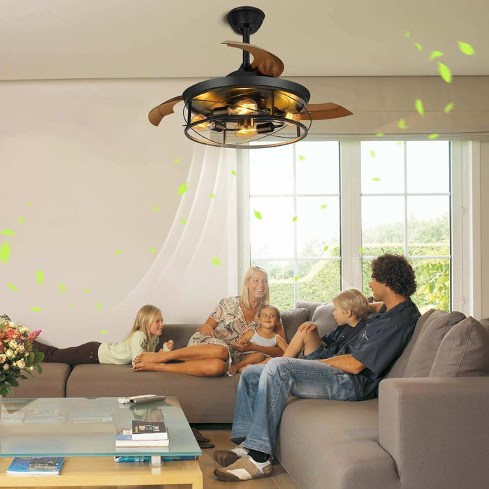 42 in. Black Retractable Ceiling Fan with Lights Remote, Caged Industrial Farmhouse Rustic Ceiling Fans with Lights for Living Room Bedroom Patio Kitchen-9-ErisView