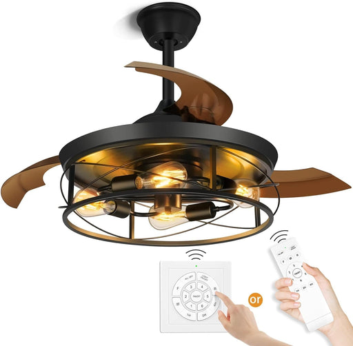 42 in. Black Retractable Ceiling Fan with Lights Remote, Caged Industrial Farmhouse Rustic Ceiling Fans with Lights for Living Room Bedroom Patio Kitchen-1-ErisView