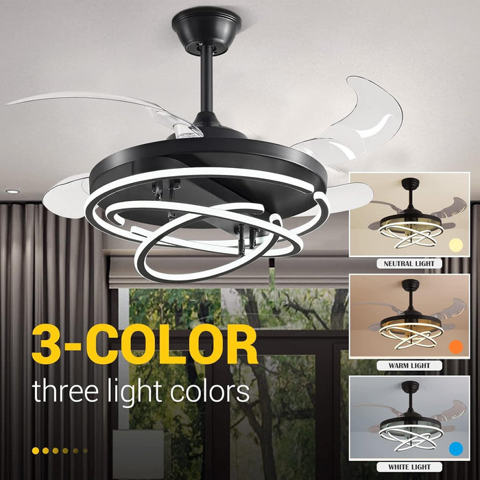 42 in. Black Retractable Ceiling Fan with Lights and Remote, Modern Rings LED Chandeliers, Invisible Ceiling Fans Fandelier -2-ErisView