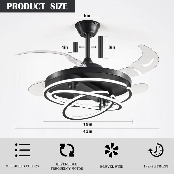 42 in. Black Retractable Ceiling Fan with Lights and Remote, Modern Rings LED Chandeliers, Invisible Ceiling Fans Fandelier -3-ErisView