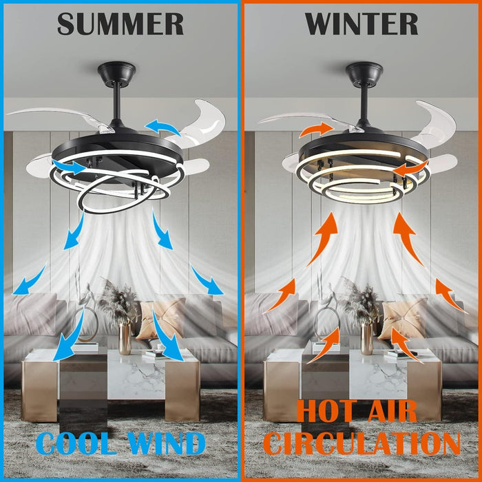 42 in. Black Retractable Ceiling Fan with Lights and Remote, Modern Rings LED Chandeliers, Invisible Ceiling Fans Fandelier -5-ErisView