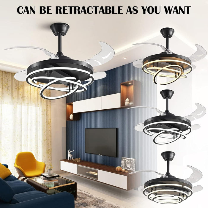 42 in. Black Retractable Ceiling Fan with Lights and Remote, Modern Rings LED Chandeliers, Invisible Ceiling Fans Fandelier -6-ErisView