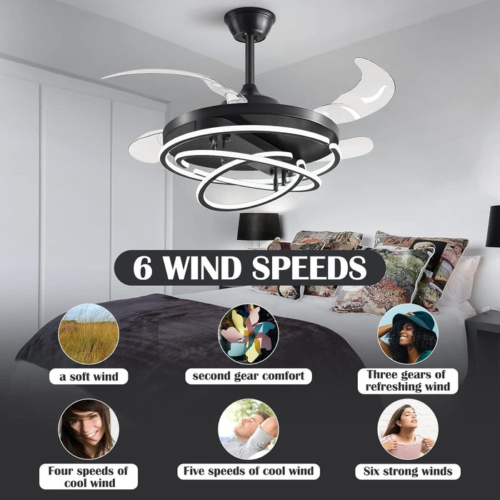42 in. Black Retractable Ceiling Fan with Lights and Remote, Modern Rings LED Chandeliers, Invisible Ceiling Fans Fandelier -7-ErisView