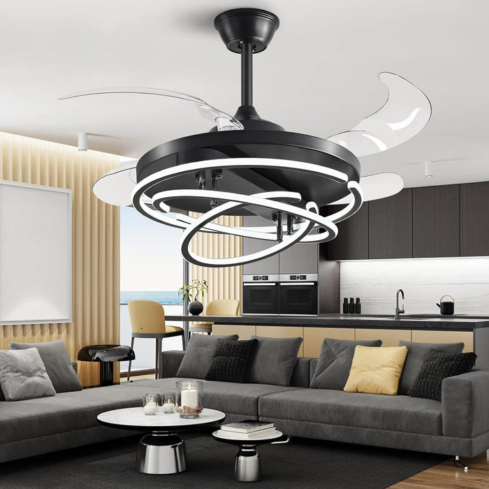 42 in. Black Retractable Ceiling Fan with Lights and Remote, Modern Rings LED Chandeliers, Invisible Ceiling Fans Fandelier -9-ErisView
