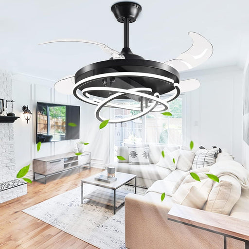 42 in. Black Retractable Ceiling Fan with Lights and Remote, Modern Rings LED Chandeliers, Invisible Ceiling Fans Fandelier -1-ErisView