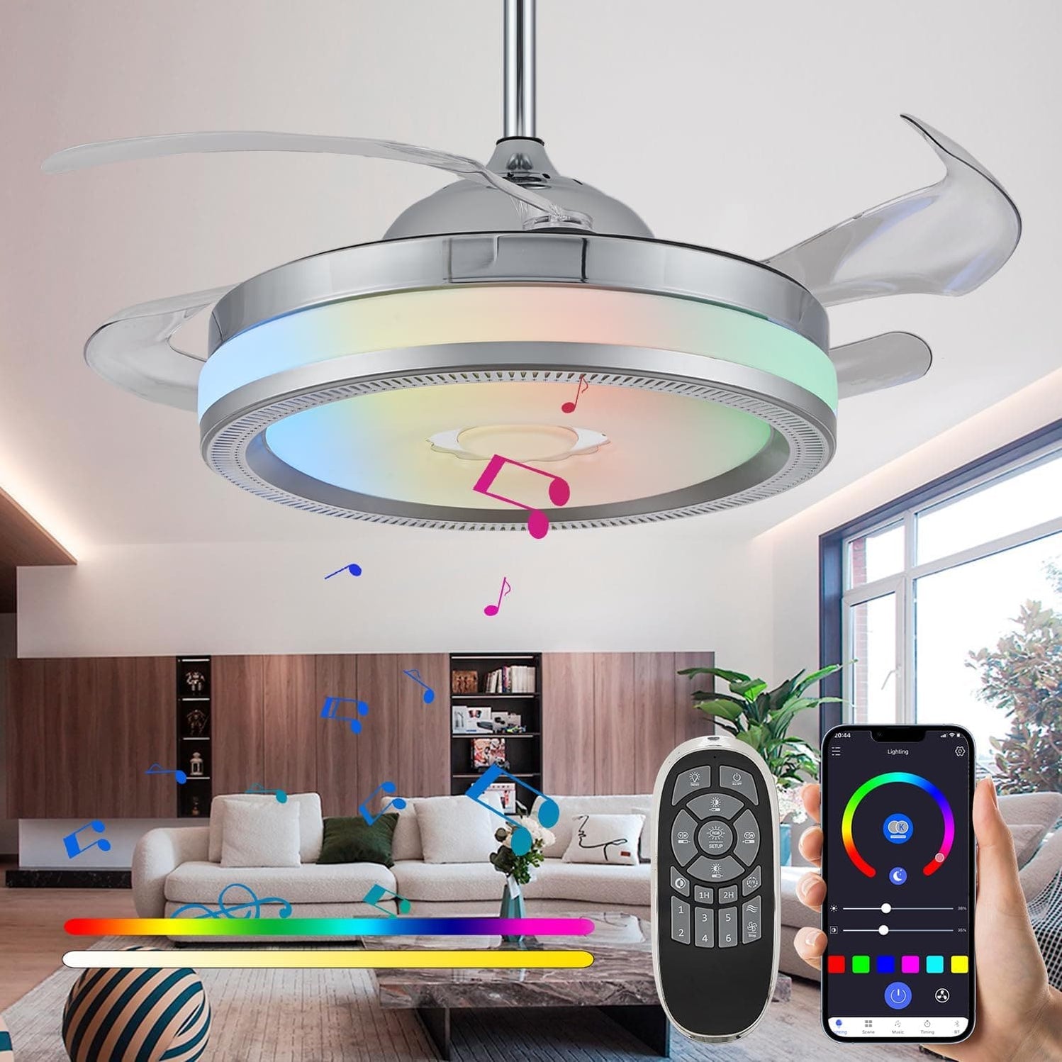 42 in. Bluetooth Ceiling Fan with Light and Speaker APP Control, Retra ...